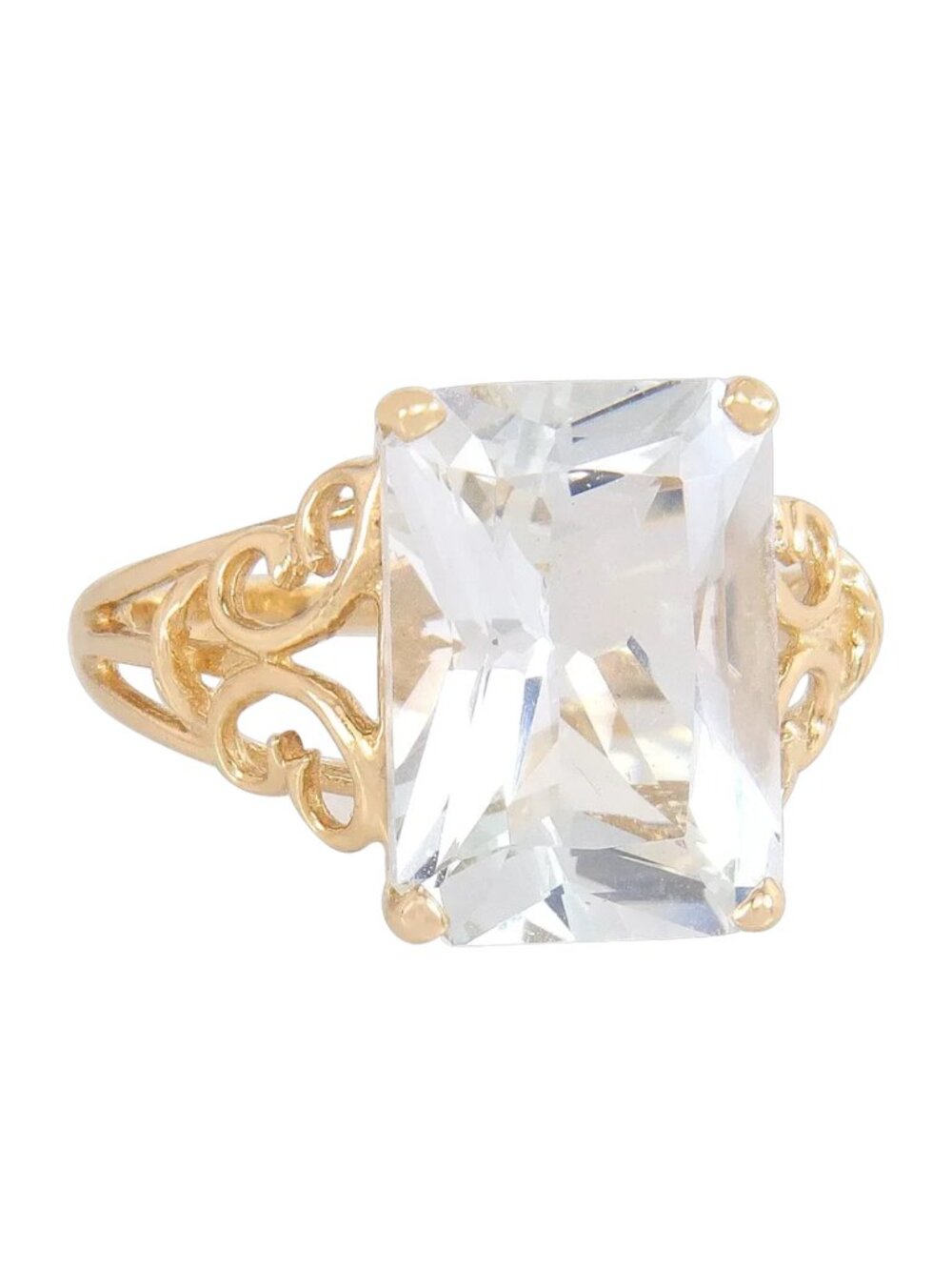 Vintage 14K Gold 7 CT White Topaz Emerald Cut Statement Ring Size 6